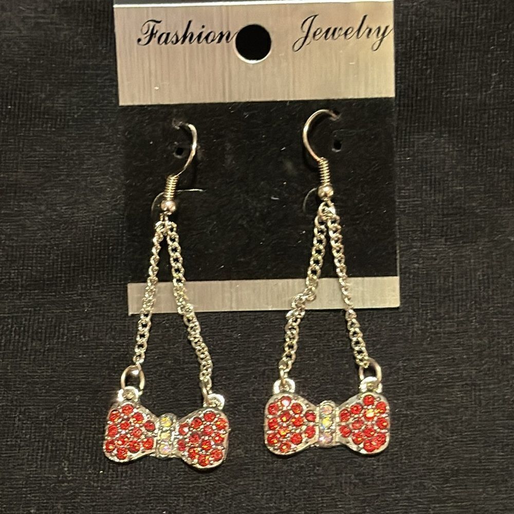 Red rhinestone bow earrings